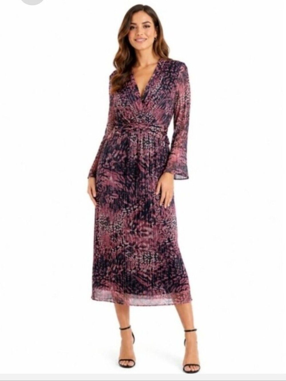 Anne Klein NWT $149 Pleated Floral Long Sleeve Midi Dress Twist Front Romantic